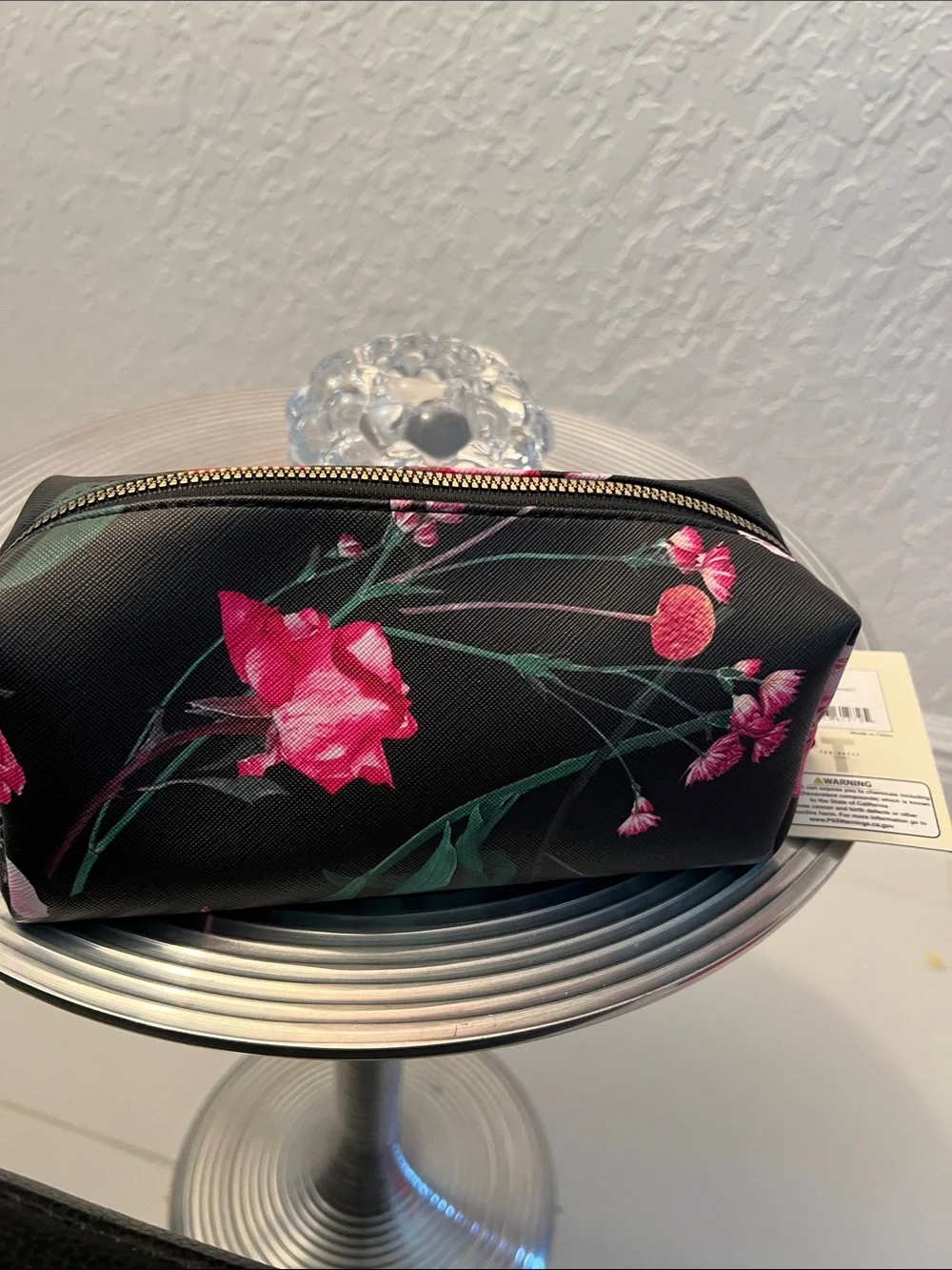 Ted Baker NWT Black Floral Makeup Bag with Pink Roses